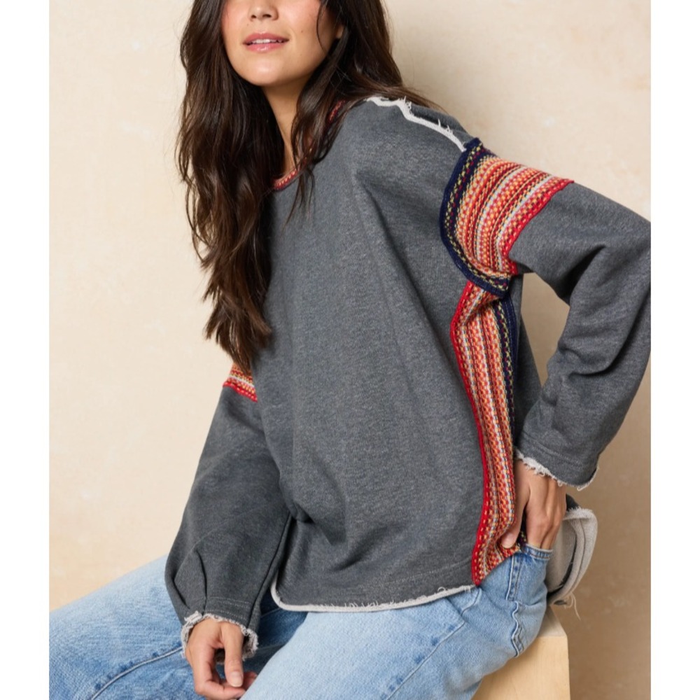 Natural Life size S/M Knit Trim Sweatshirt oversize boxy relaxed cozy gray
